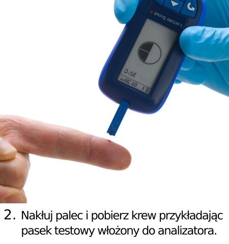 2. Nakłuj palec i pobierz krew przykładając pasek testowy włożony do analizatora